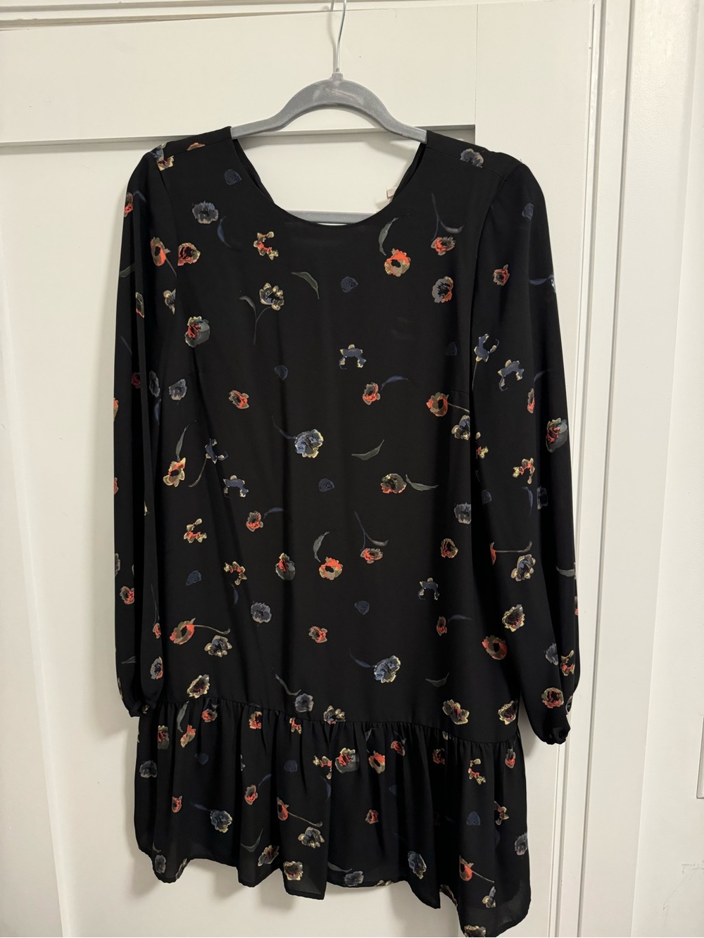Lela Rose Black Floral Long-Sleeve Ruffle Dress